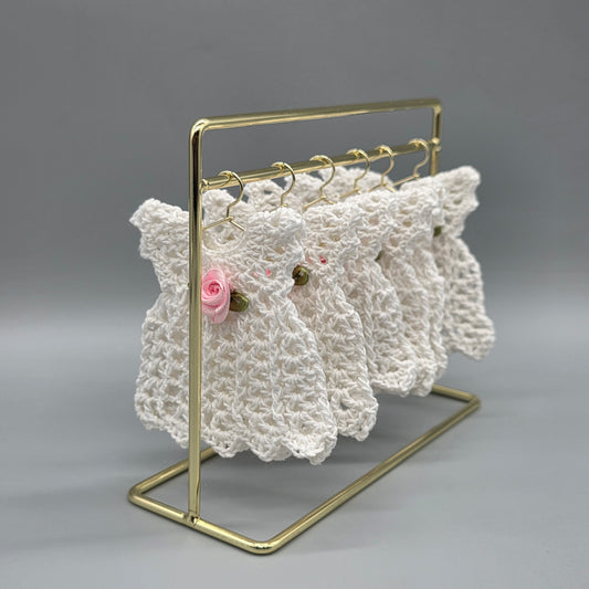 Mini Crochet Dress Favors Set of 6 - White Baby Shower Decor, Christening Decorations, Tiny Crocheted Dress Keepsakes with Hangers/Rack