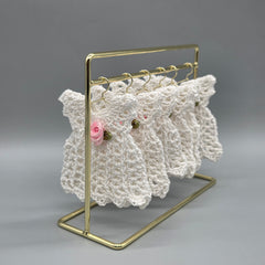 Mini Crochet Dress Favors Set of 6 - White Baby Shower Decor, Christening Decorations, Tiny Crocheted Dress Keepsakes with Hangers/Rack