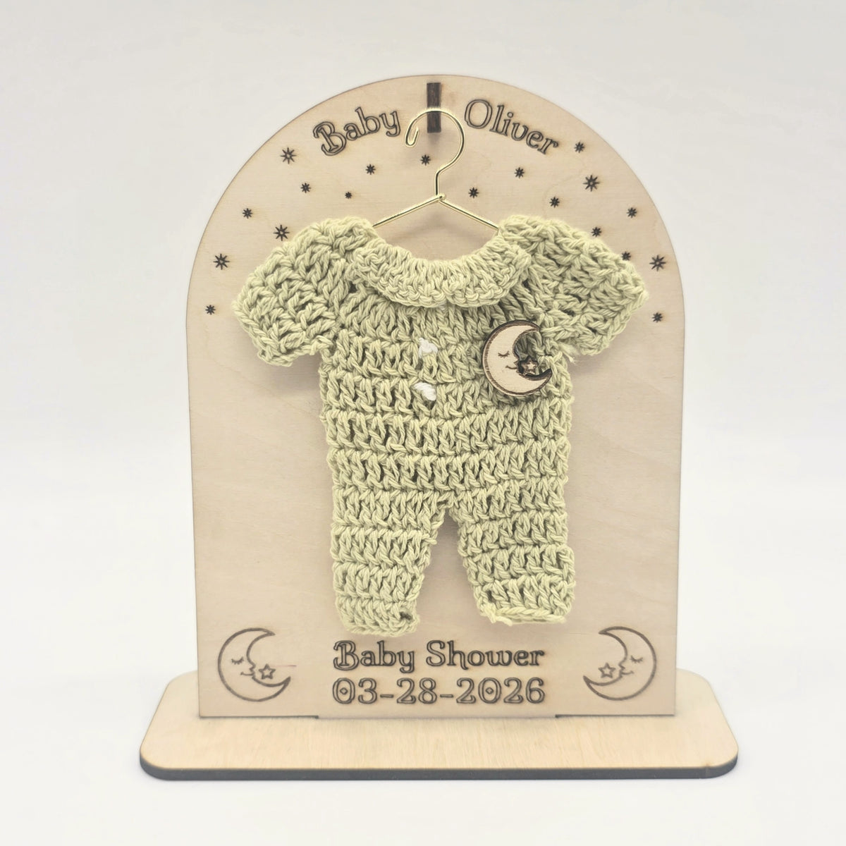 Personalized Over the Moon Baby Shower Party Favor Mini Crochet Sage Green Onesie on Custom Laser Cut Wood Stand Set of 6 Party Gifts