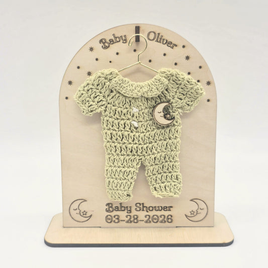 Personalized Over the Moon Baby Shower Party Favor Mini Crochet Sage Green Onesie on Custom Laser Cut Wood Stand Set of 6 Party Gifts