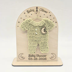 Personalized Over the Moon Baby Shower Party Favor Mini Crochet Sage Green Onesie on Custom Laser Cut Wood Stand Set of 6 Party Gifts