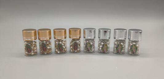 Baptism Favor - White Beaded Rosary Necklace Crucifix in elegant Glass bottle Set of 12 - Choice of Gold or Silver - Recuerdos de Bautizo