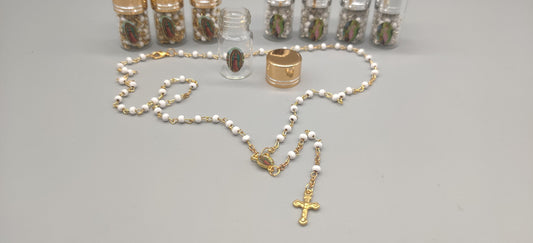 Baptism Favor - White Beaded Rosary Necklace Crucifix in elegant Glass bottle Set of 12 - Choice of Gold or Silver - Recuerdos de Bautizo