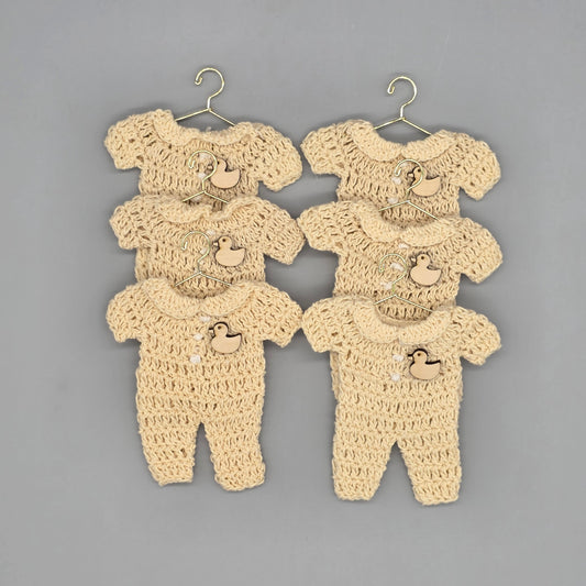 Set of 6 - Baby Cream Crochet Onesie with Wooden Duckie Charm, Baby shower favors, Crochet mini outfit