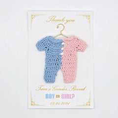 Set of 6 Crochet Gender Reveal Favors | Pink & Blue Mini Onesie on 4x6 Personalized Card | Boy or Girl Party Souvenir | Thank You Keepsake