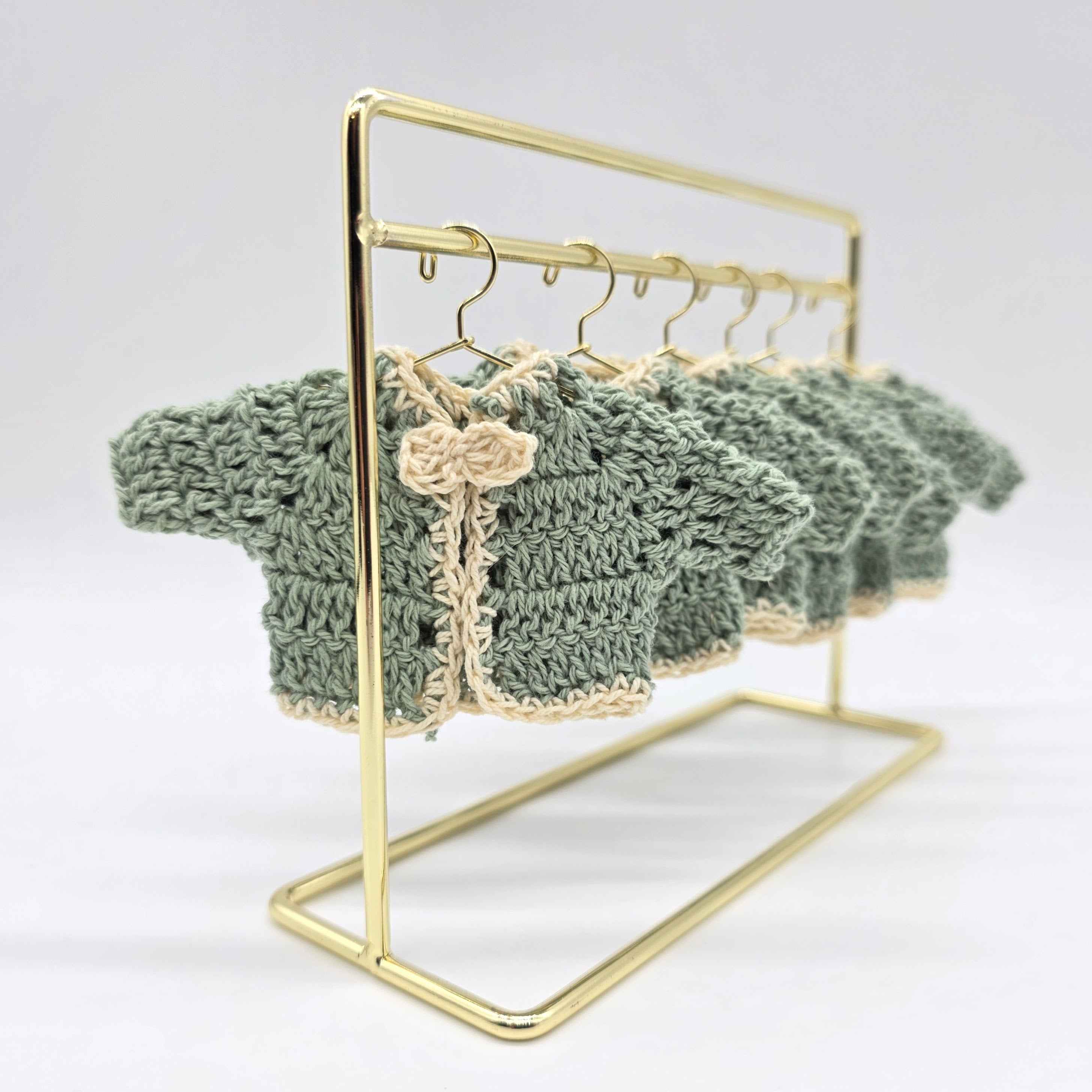 Set of 6 Mini Crochet Baby Sweater Favors, Sage Green & Cream Boho Baby Shower Favors, Gender Neutral Cardigan Favors with Gold Rack