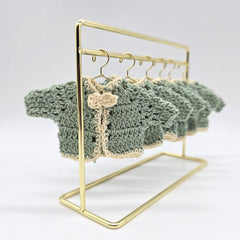 Set of 6 Mini Crochet Baby Sweater Favors, Sage Green & Cream Boho Baby Shower Favors, Gender Neutral Cardigan Favors with Gold Rack