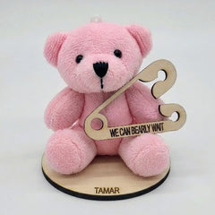 Personalized Pink Teddy Bear Baby Shower Favor – "We Can Bearly Wait" Laser Engraved Wooden Safety Pin, Custom Name Girl Baby Shower Keepsake