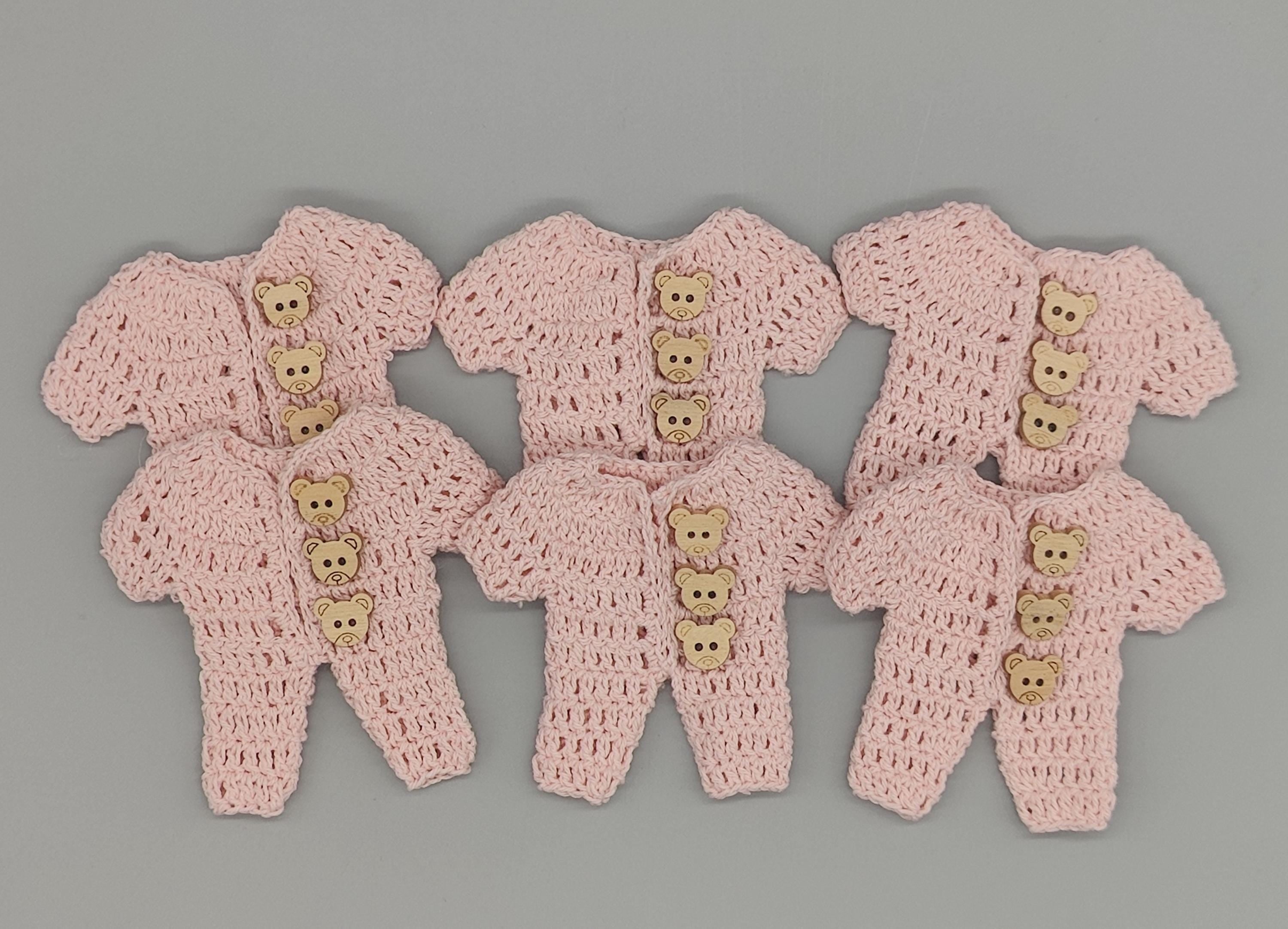 Set of 6 - Baby Pink Crochet Onesie with Wooden Teddy Bear Buttons, Baby shower, Baby welcome favors, Crochet mini outfit