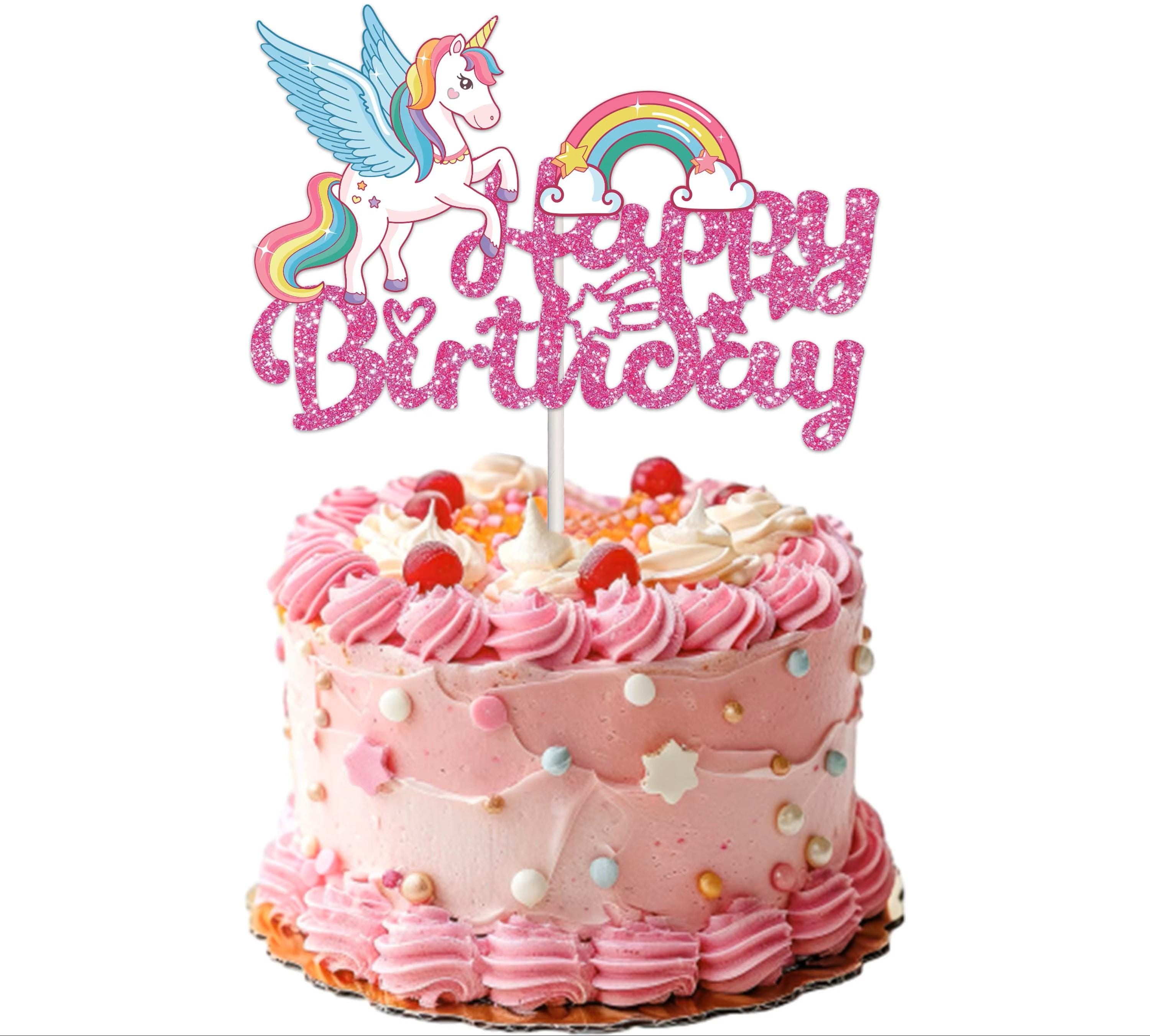 Happy Birthday Unicorn Cake Topper | Glittery Pink | Flying Unicorn | Rainbow | Magical Party Decor | Easy Assembly