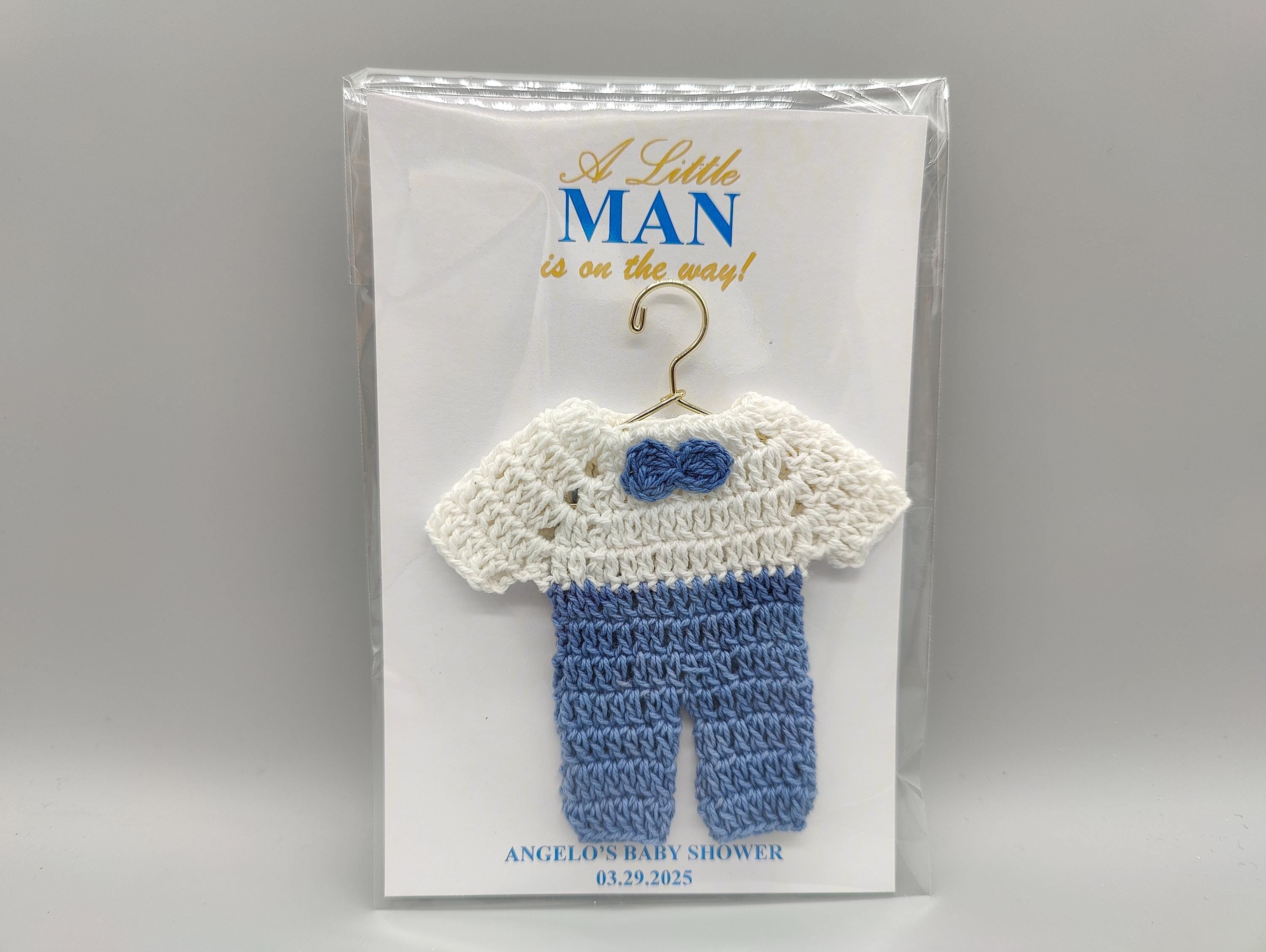 Set of 6 Baby Shower Favors with Custom Name & Date, Crochet Baby Favor with Gold Hanger, Ships Fast and Free! Little man on the way!