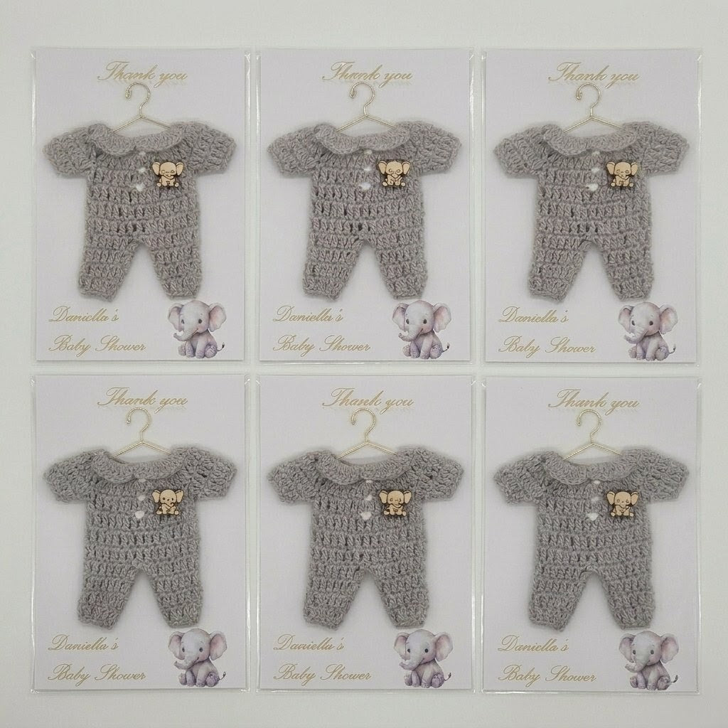 Handmade Elephant Baby Shower Party Favor | Personalized Mini Crochet Party Gift | Set of 6 Chic Grey Romper Thank You Cards