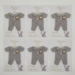 Handmade Elephant Baby Shower Party Favor | Personalized Mini Crochet Party Gift | Set of 6 Chic Grey Romper Thank You Cards