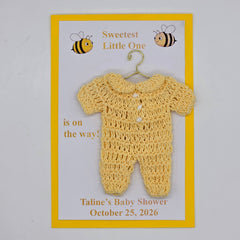Bee Baby Shower Favors Set of 6 | Mini Crochet Yellow Onesie on 4x6 Custom Card | Personalized Guest Gifts | Gender Neutral Favor