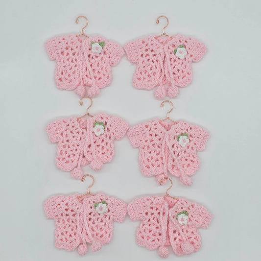 6 Pink Mini Crochet Favors - Baby Shower Decor, Tiny Cardigan Jacket, Gender Reveal Party Keepsake, Miniature Hanger & Rack Options