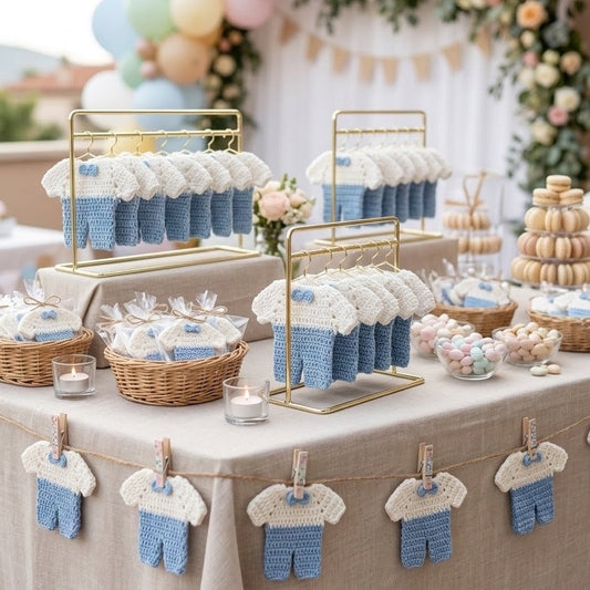 Set of 6 Mini Crochet Baby Boy Outfits with Bow Tie, Handmade Baby Shower Favors, Mini Clothes with Gold Hangers & Display Rack