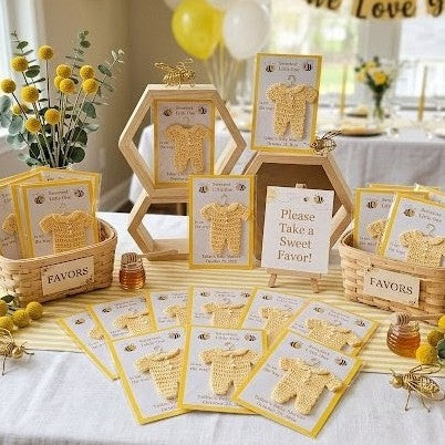 Bee Baby Shower Favors Set of 6 | Mini Crochet Yellow Onesie on 4x6 Custom Card | Personalized Guest Gifts | Gender Neutral Favor