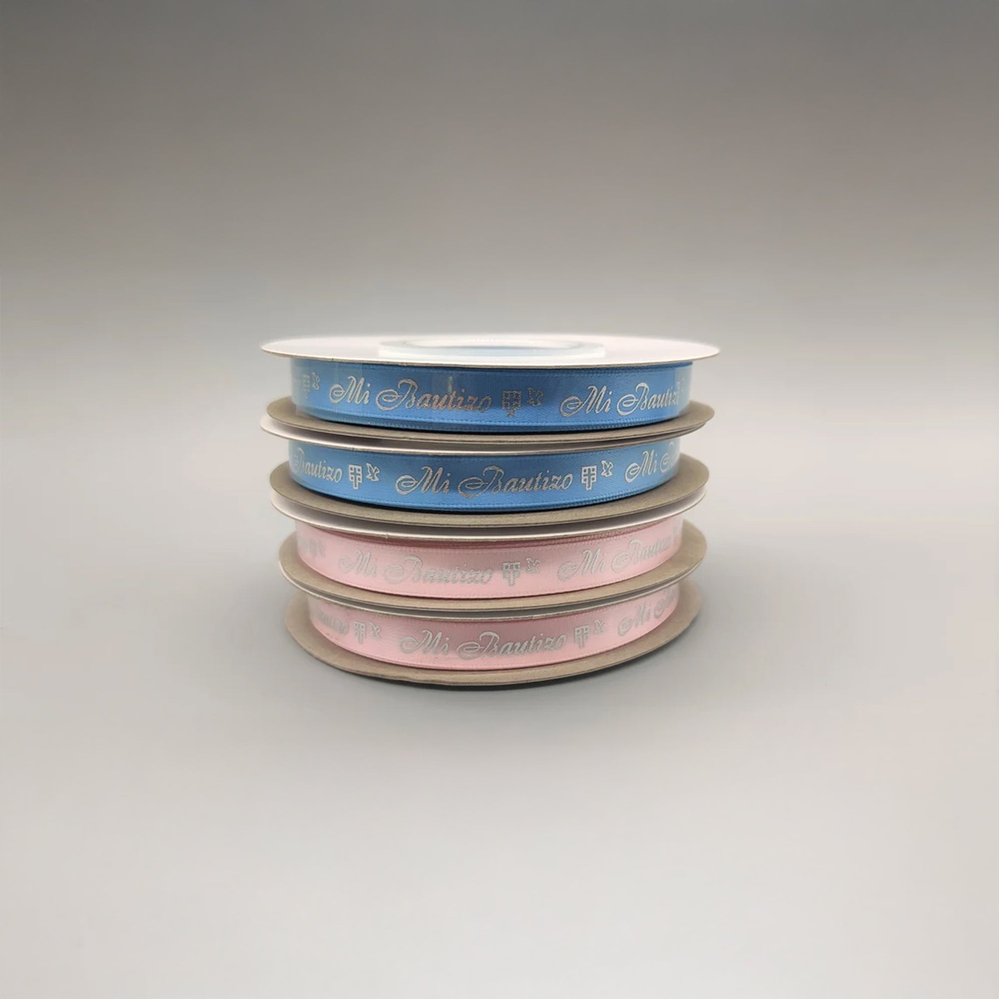 Mi Bautizo Ribbon – Holy Cross & Dove, Baby Blue or Pink, 25 Yards