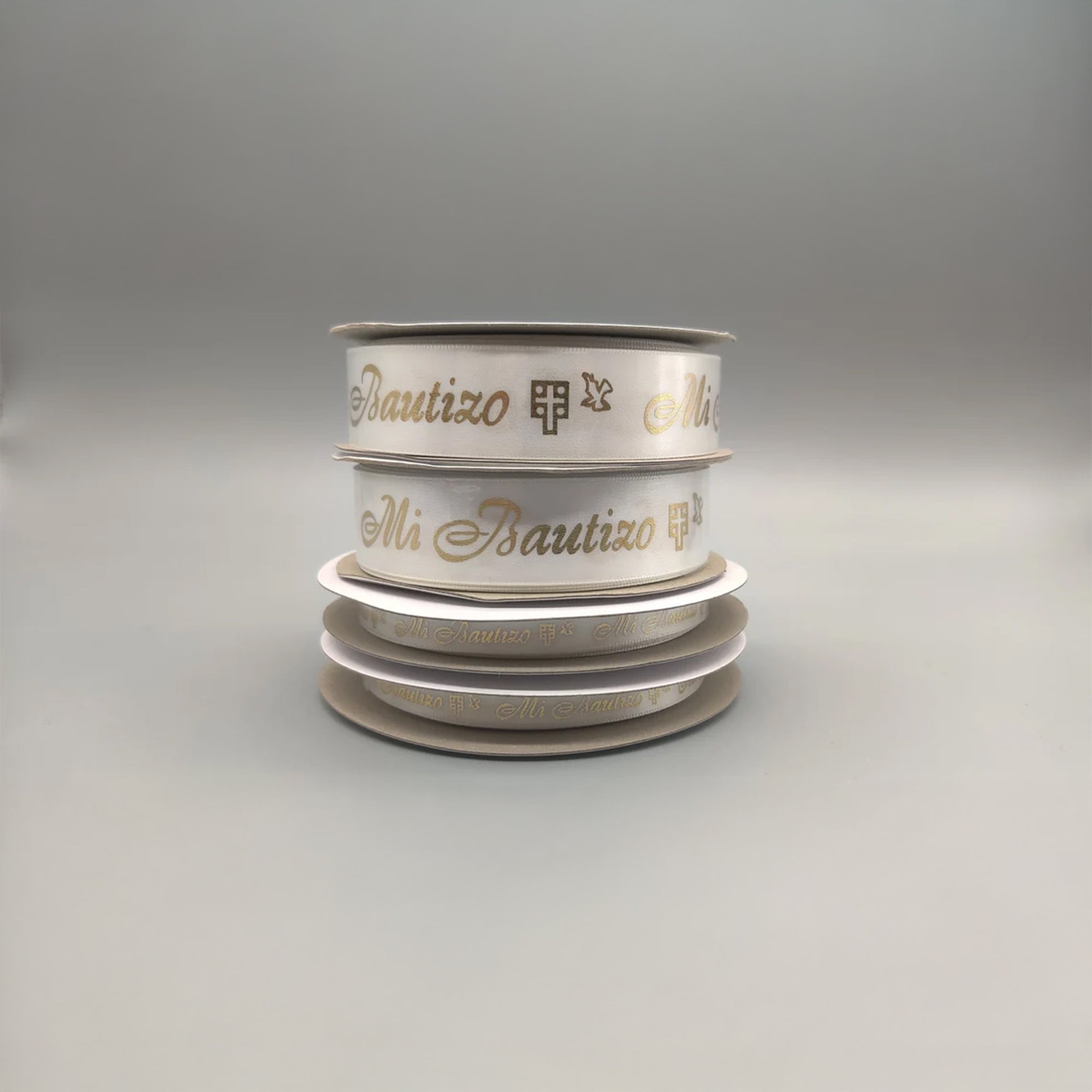 Mi Bautizo Ribbon - Holy Cross & Dove Pattern - White + Gold Embossed - Choice of 2 sizes - 3/8 in x 25 yards OR ~1 in x 25 yards - Spanish