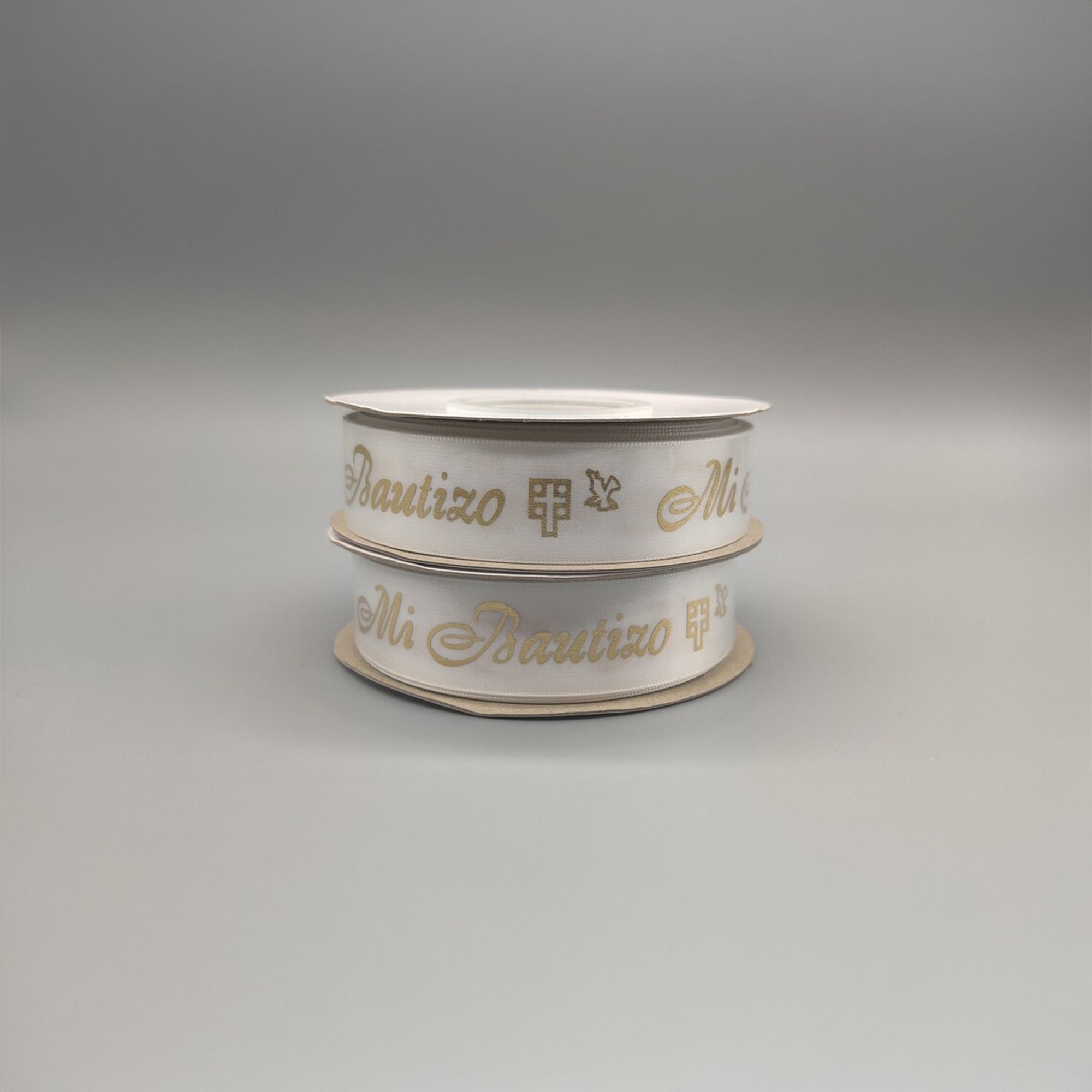 Mi Bautizo Ribbon - Holy Cross & Dove Pattern - White + Gold Embossed - Choice of 2 sizes - 3/8 in x 25 yards OR ~1 in x 25 yards - Spanish