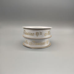 Mi Bautizo Ribbon - Holy Cross & Dove Pattern - White + Gold Embossed - Choice of 2 sizes - 3/8 in x 25 yards OR ~1 in x 25 yards - Spanish