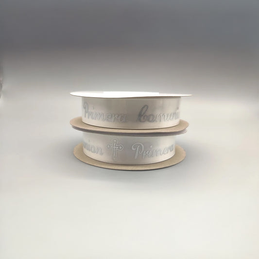 Primera Comunion Ribbon with Holy Cross - Gold Embossed or Silver Embossed - 25 Yards x ~1" - 100% Polyester - First Communion (In Spanish)