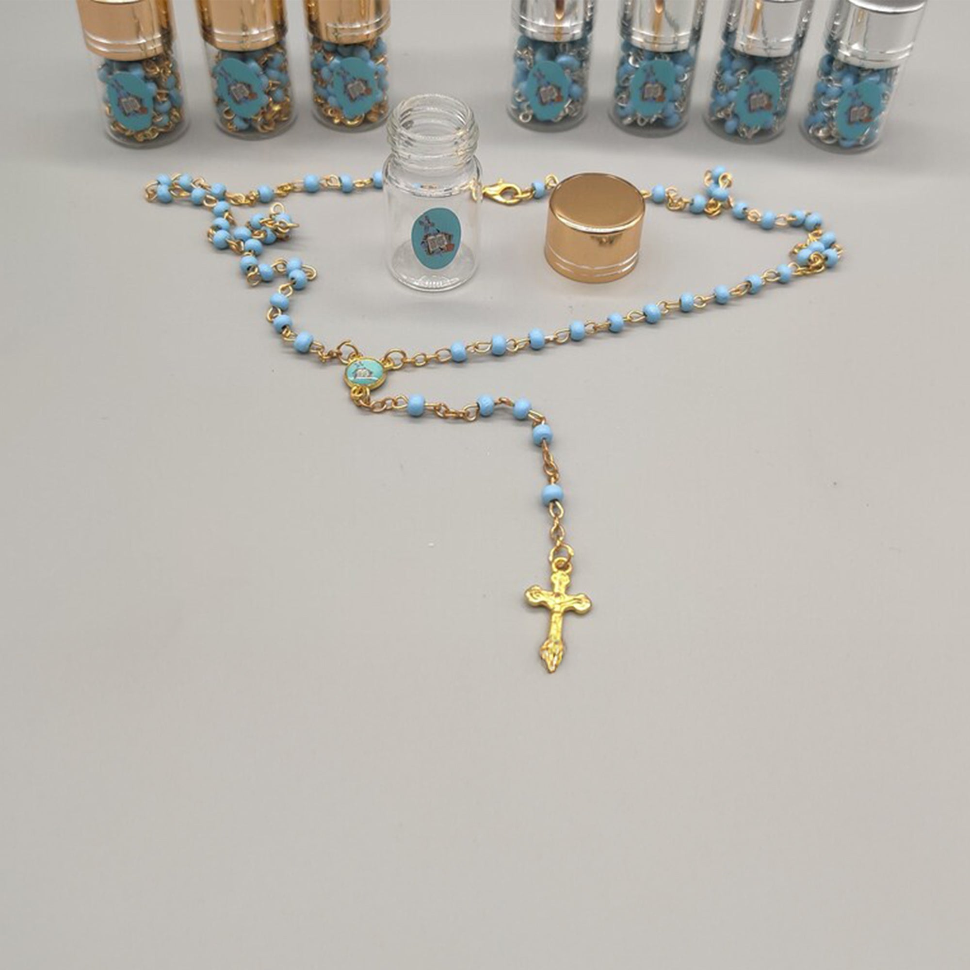 Baptism Favors Set of 12 – Baby Blue Beaded Rosary Necklace in Bottle