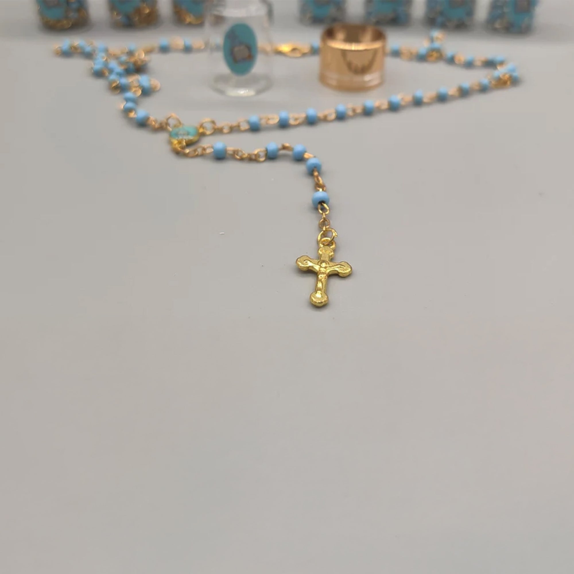 Baptism Favor - Baby Blue Beaded Rosary Necklace Crucifix Elegant Glass bottle Set of 12 - Choice of Gold or Silver - Recuerdos de Bautizo