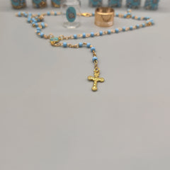 Baptism Favor - Baby Blue Beaded Rosary Necklace Crucifix Elegant Glass bottle Set of 12 - Choice of Gold or Silver - Recuerdos de Bautizo