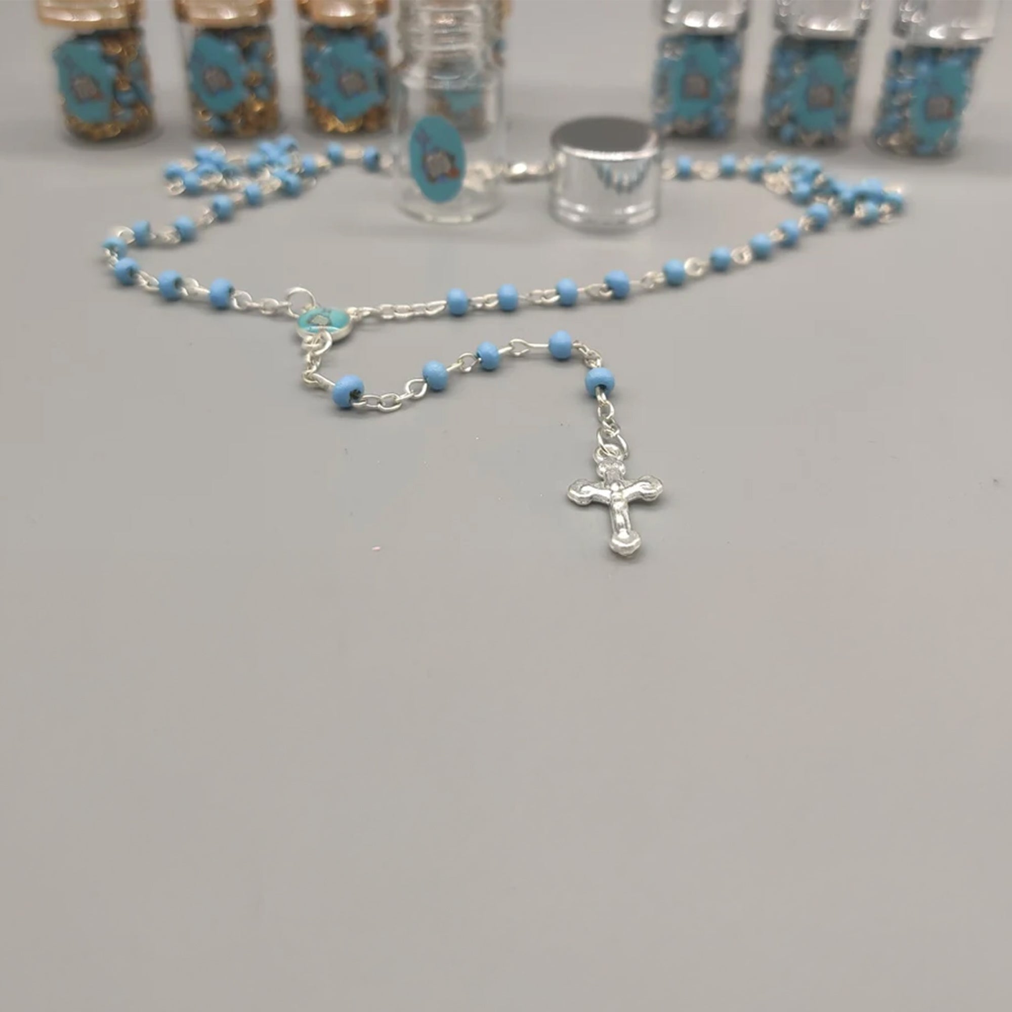 Baptism Favor - Baby Blue Beaded Rosary Necklace Crucifix Elegant Glass bottle Set of 12 - Choice of Gold or Silver - Recuerdos de Bautizo
