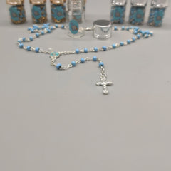 Baptism Favor - Baby Blue Beaded Rosary Necklace Crucifix Elegant Glass bottle Set of 12 - Choice of Gold or Silver - Recuerdos de Bautizo