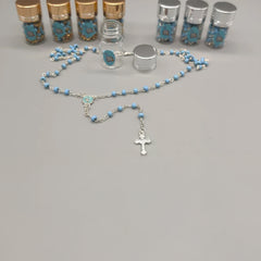 Baptism Favor - Baby Blue Beaded Rosary Necklace Crucifix Elegant Glass bottle Set of 12 - Choice of Gold or Silver - Recuerdos de Bautizo