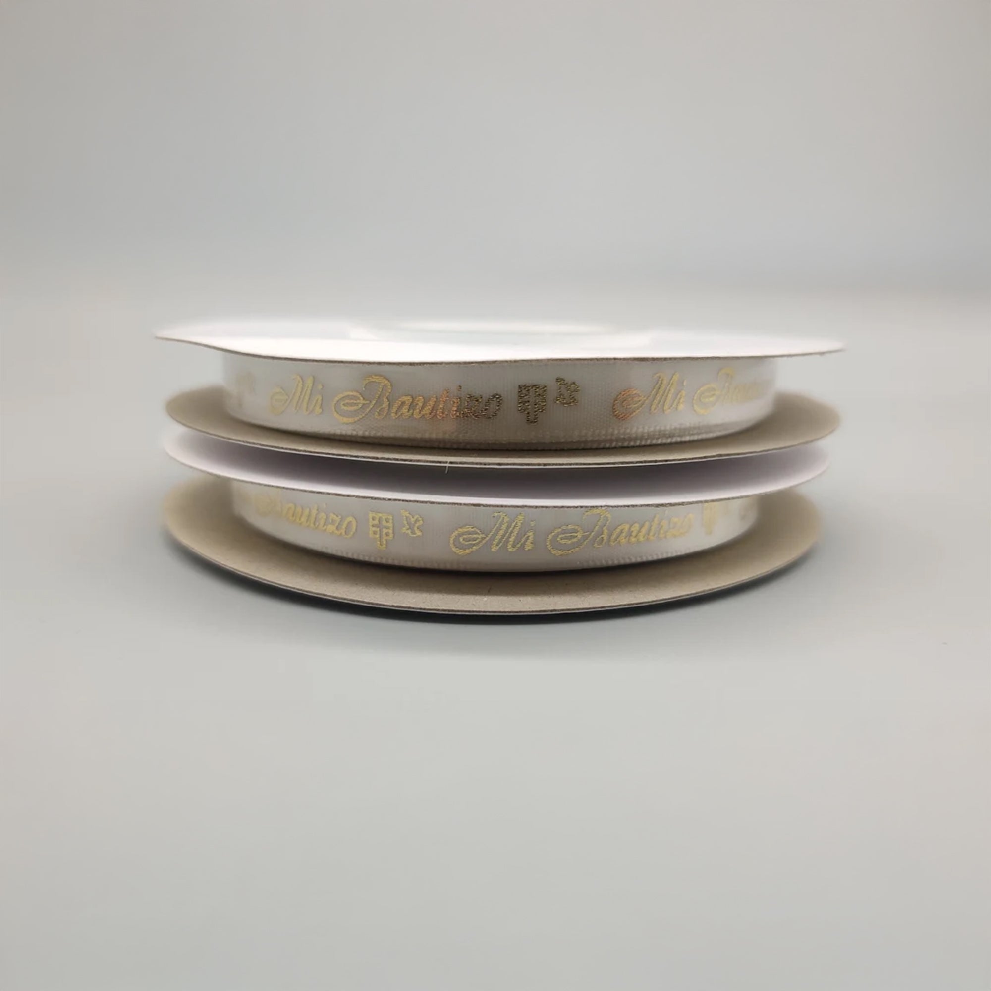 Mi Bautizo Ribbon - Holy Cross & Dove Pattern - White + Gold Embossed - Choice of 2 sizes - 3/8 in x 25 yards OR ~1 in x 25 yards - Spanish