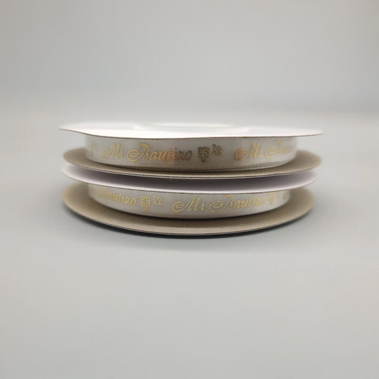 Mi Bautizo Ribbon - Holy Cross & Dove Pattern - White + Gold Embossed - Choice of 2 sizes - 3/8 in x 25 yards OR ~1 in x 25 yards - Spanish