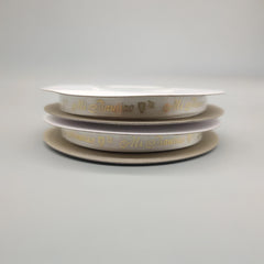 Mi Bautizo Ribbon - Holy Cross & Dove Pattern - White + Gold Embossed - Choice of 2 sizes - 3/8 in x 25 yards OR ~1 in x 25 yards - Spanish