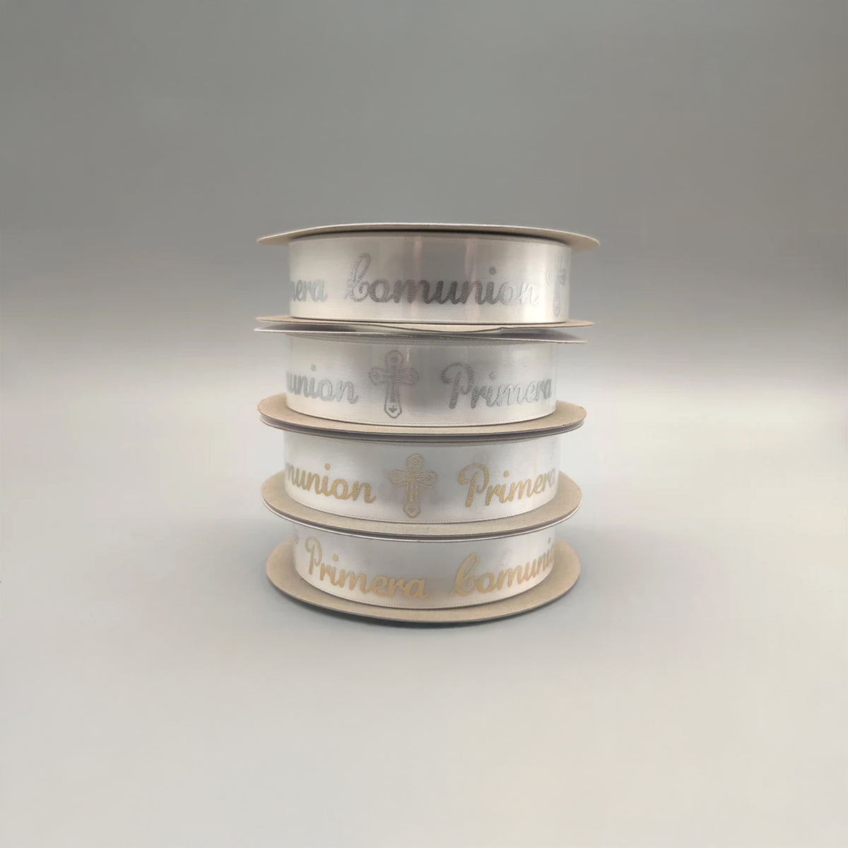 Primera Comunion Ribbon with Holy Cross - Gold Embossed or Silver Embossed - 25 Yards x ~1" - 100% Polyester - First Communion (In Spanish)