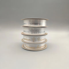 Primera Comunion Ribbon with Holy Cross - Gold Embossed or Silver Embossed - 25 Yards x ~1" - 100% Polyester - First Communion (In Spanish)