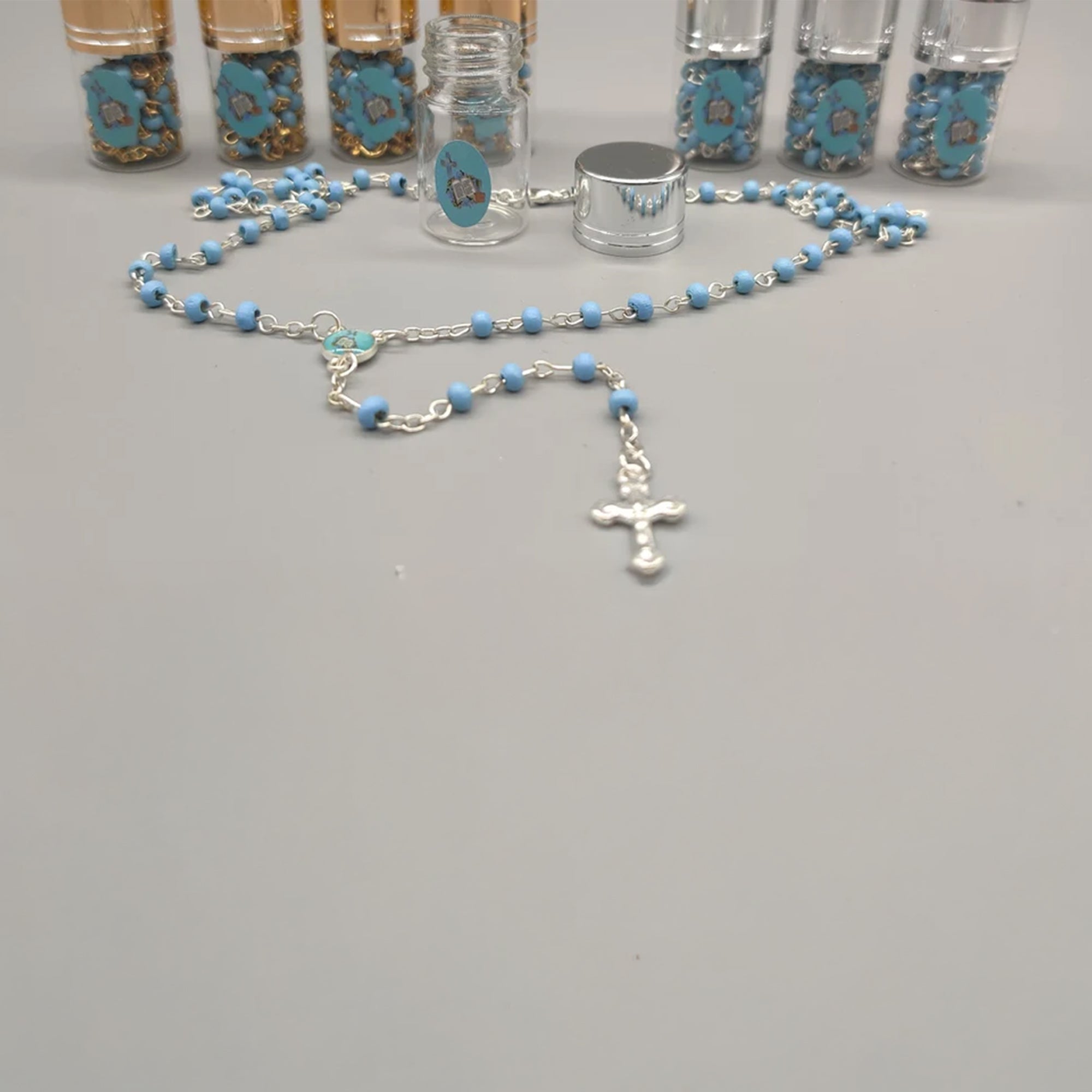 Baptism Favor - Baby Blue Beaded Rosary Necklace Crucifix Elegant Glass bottle Set of 12 - Choice of Gold or Silver - Recuerdos de Bautizo