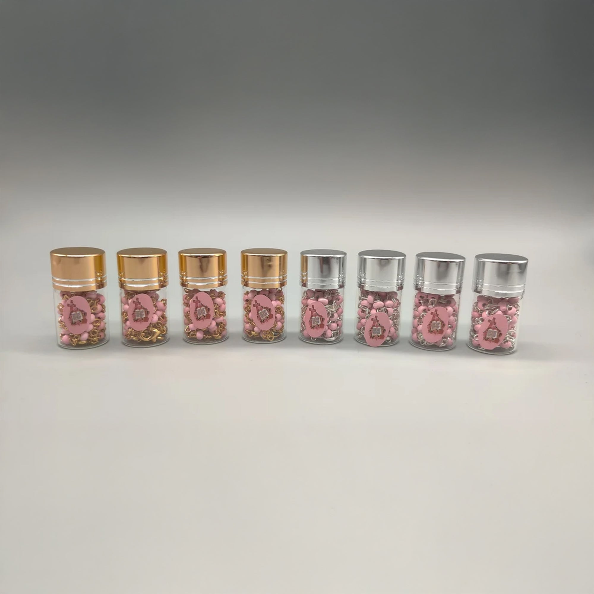 Baptism Favor - Baby Pink Beaded Rosary Necklace Crucifix Elegant Glass bottle Set of 12 - Choice of Gold or Silver - Recuerdos de Bautizo