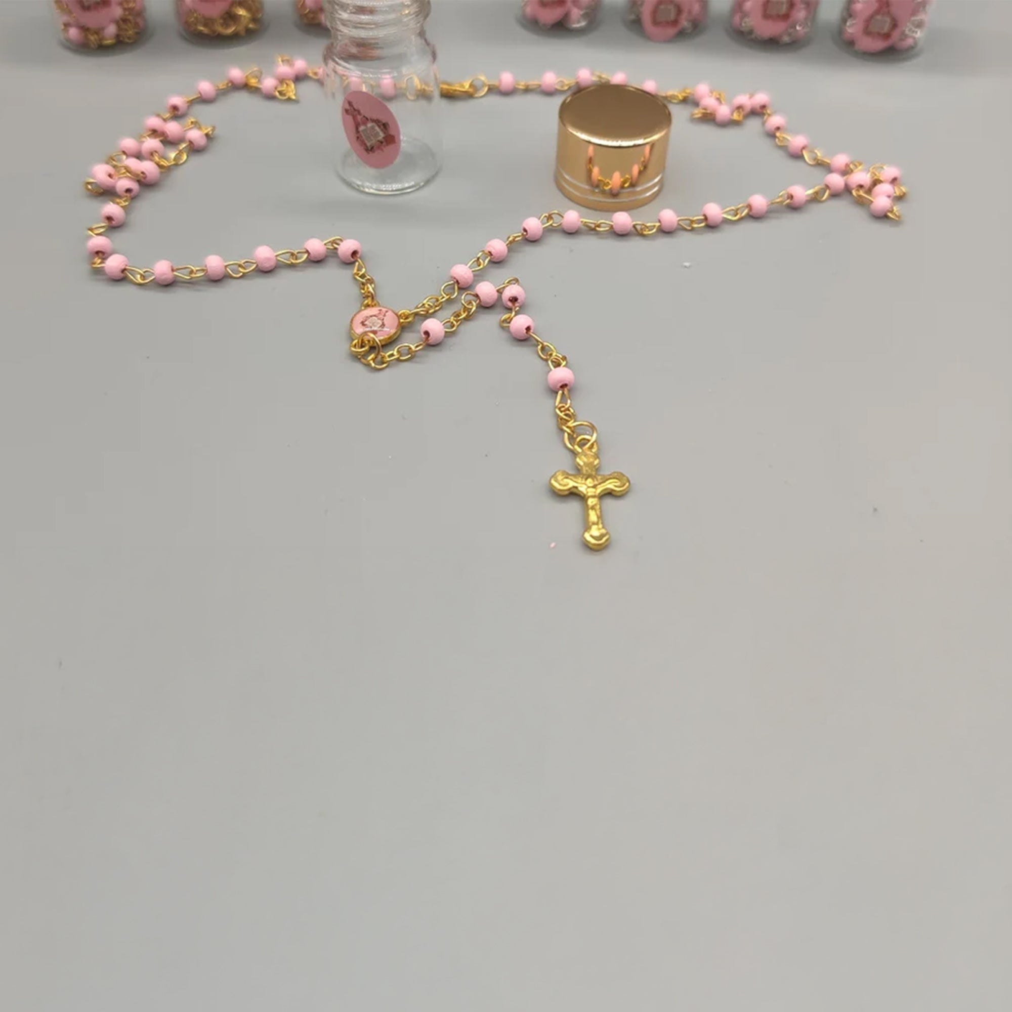 Baptism Favor - Baby Pink Beaded Rosary Necklace Crucifix Elegant Glass bottle Set of 12 - Choice of Gold or Silver - Recuerdos de Bautizo