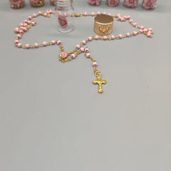 Baptism Favor - Baby Pink Beaded Rosary Necklace Crucifix Elegant Glass bottle Set of 12 - Choice of Gold or Silver - Recuerdos de Bautizo