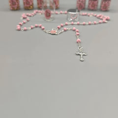 Baptism Favor - Baby Pink Beaded Rosary Necklace Crucifix Elegant Glass bottle Set of 12 - Choice of Gold or Silver - Recuerdos de Bautizo