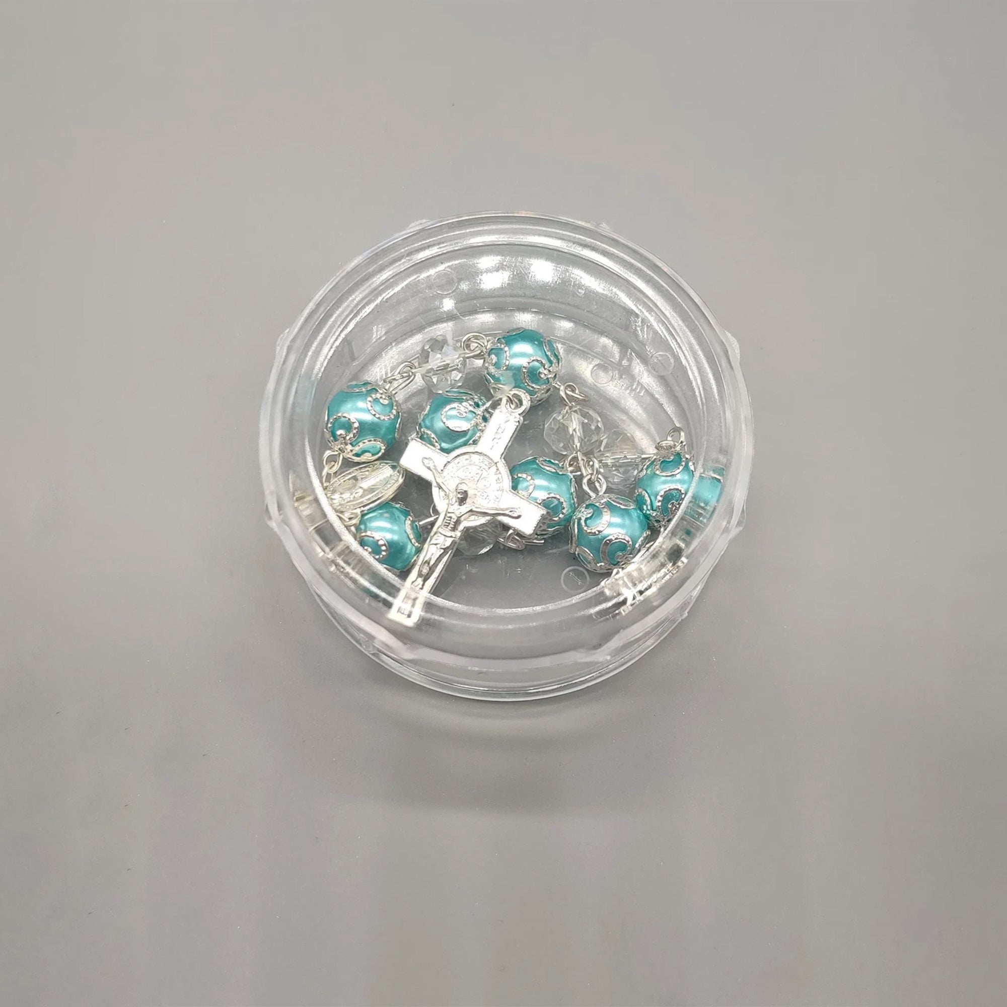 Baptism Favor - Baby Blue Beaded Mini Rosary Crucifix Elegant in Acrylic Case Set of 12 - Silver with Blue - Recuerdos de Bautizo