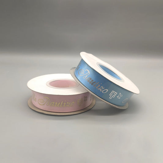 Mi Bautizo Ribbon with Holy Cross & Dove Pattern - Baby Blue or Baby Pink - Silver Embossed - 25 Yards x 1" - 100% Polyester - In Spanish