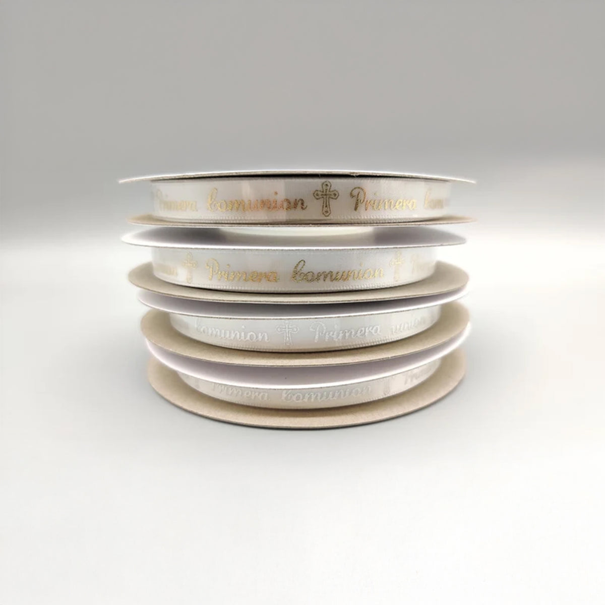 Primera Comunion Ribbon with Holy Cross - Gold Embossed or Silver Embossed - 25 Yards x 3/8" - 100% Polyester - First Communion (In Spanish)