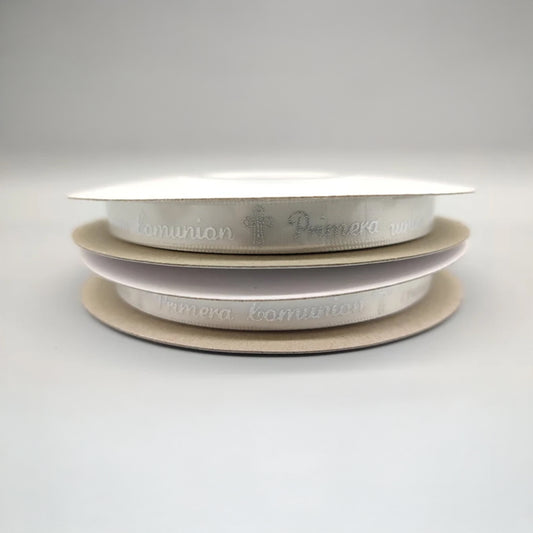 Primera Comunion Ribbon with Holy Cross - Gold Embossed or Silver Embossed - 25 Yards x 3/8" - 100% Polyester - First Communion (In Spanish)