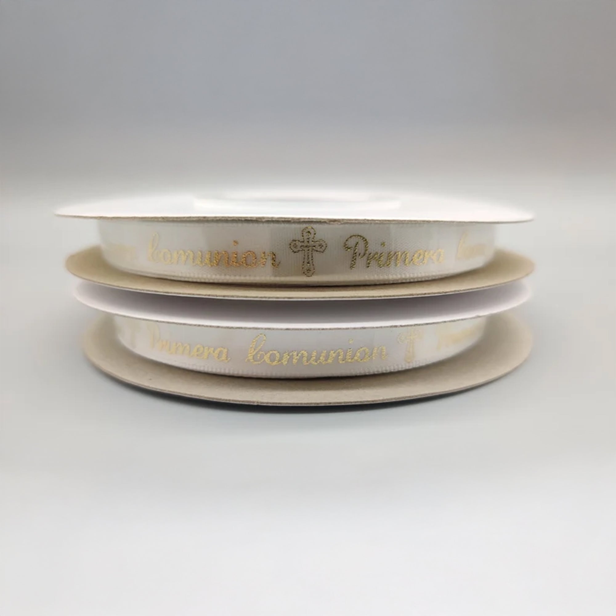 Primera Comunion Ribbon with Holy Cross - Gold Embossed or Silver Embossed - 25 Yards x 3/8" - 100% Polyester - First Communion (In Spanish)