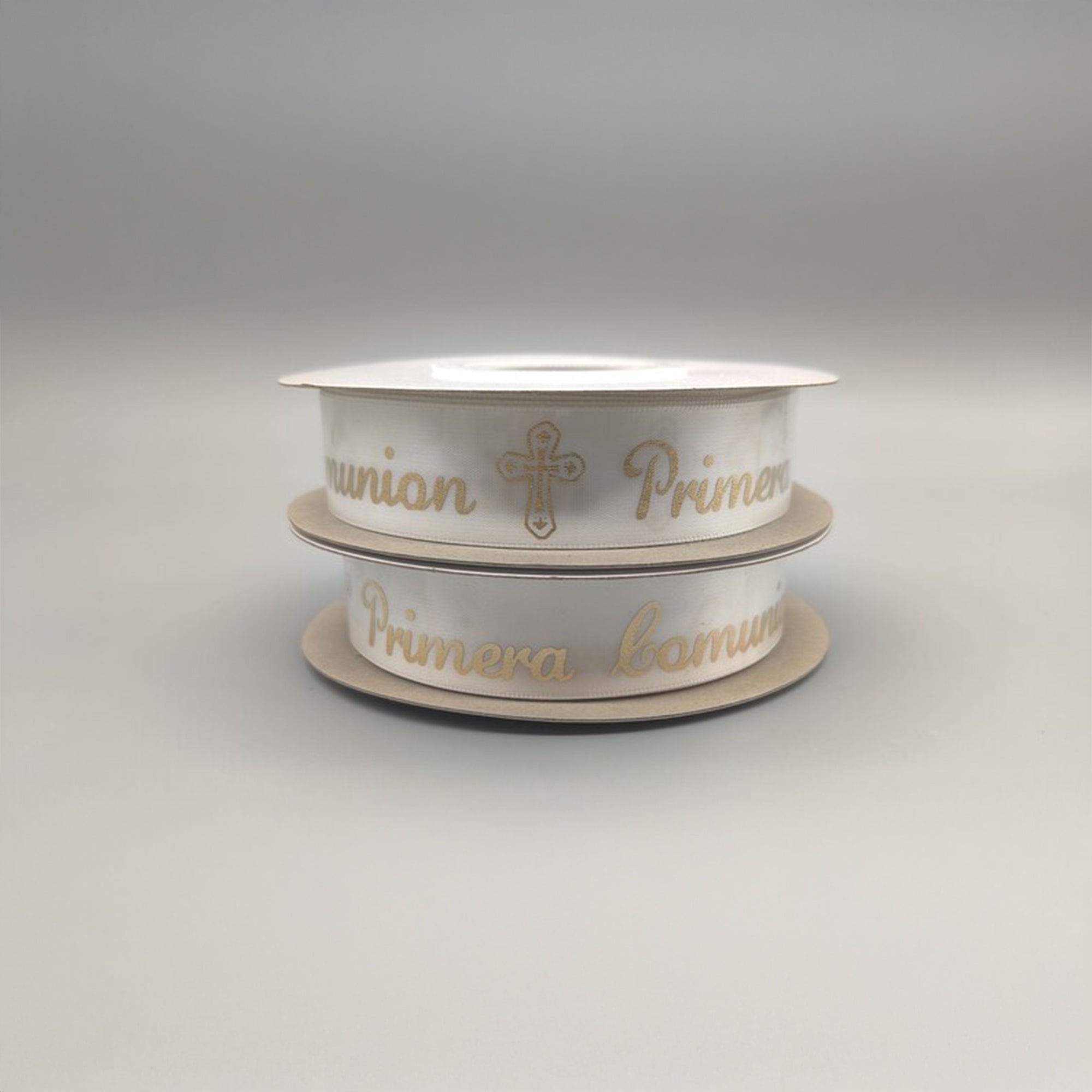 Primera Comunion Ribbon with Holy Cross - Gold Embossed or Silver Embossed - 25 Yards x ~1" - 100% Polyester - First Communion (In Spanish)
