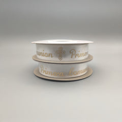 Primera Comunion Ribbon with Holy Cross - Gold Embossed or Silver Embossed - 25 Yards x ~1" - 100% Polyester - First Communion (In Spanish)