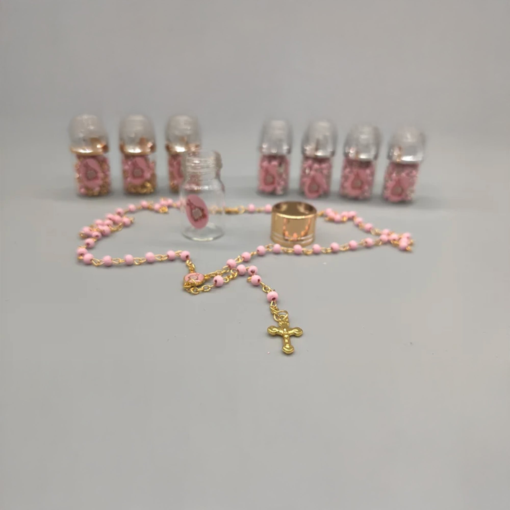 Baptism Favor - Baby Pink Beaded Rosary Necklace Crucifix Elegant Glass bottle Set of 12 - Choice of Gold or Silver - Recuerdos de Bautizo